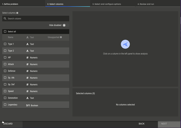 Selecting features for clustering on the Engine