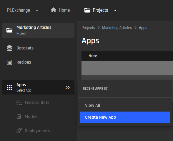 New app creation on the AI & Analytics Engine