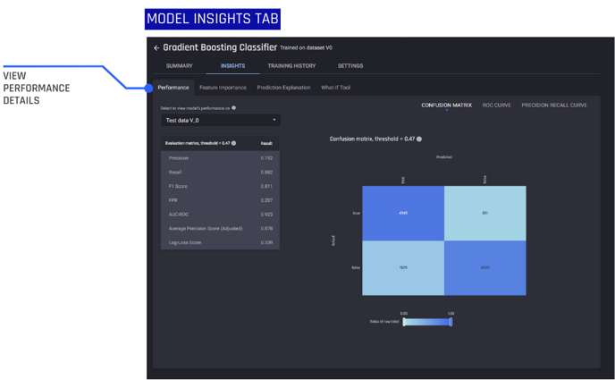 Model Insights tab, viewing the Model Performance tab
