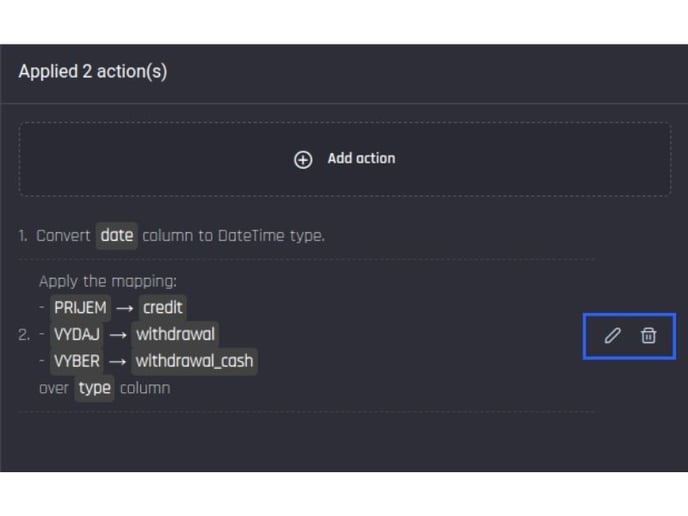 Modifying a recipe by editing or deleting an action