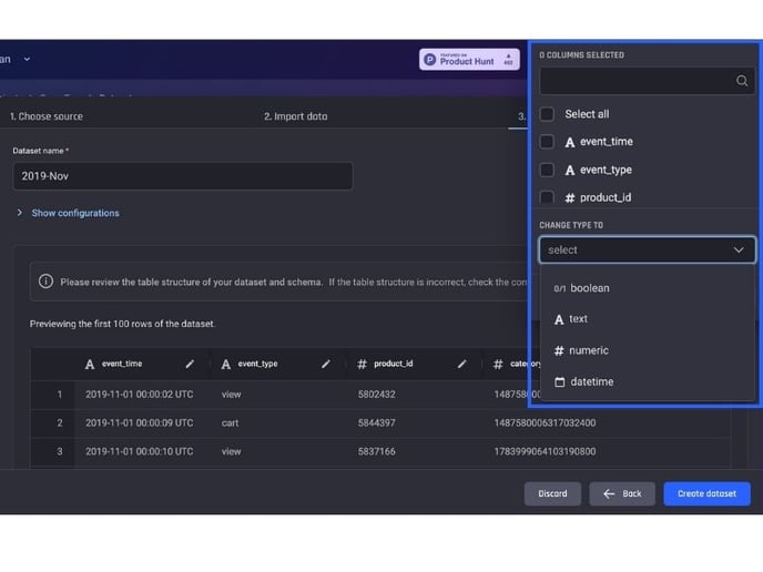 Select the data type that you want to convert into (data import)