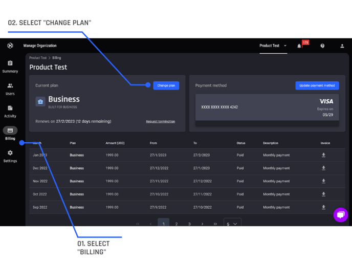 Selecting change plan in billing