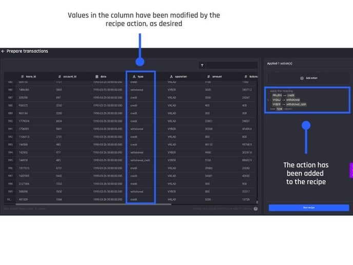 Values in the type column translated after the action is applied
