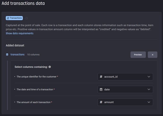 Select the appropriate columns in the transaction dataset