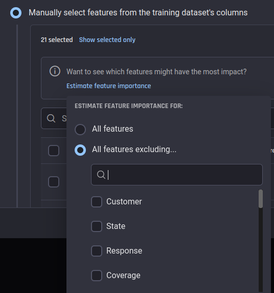 Excluding unwanted features before estimating feature importance scores to aid manual feature selection