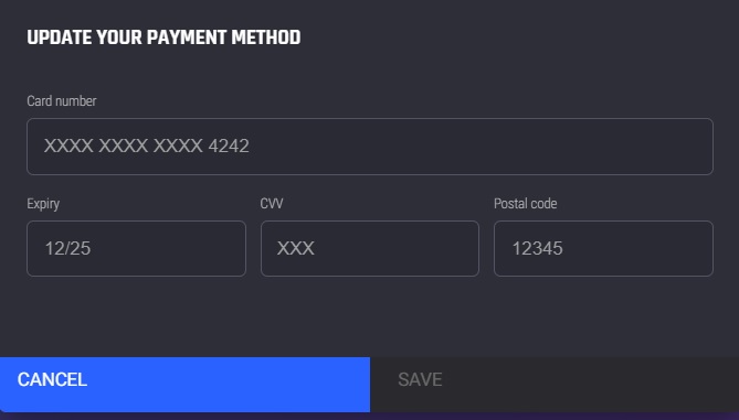 Update payment method pop up