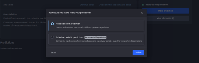The two options for running predictions in a customer churn prediction app
