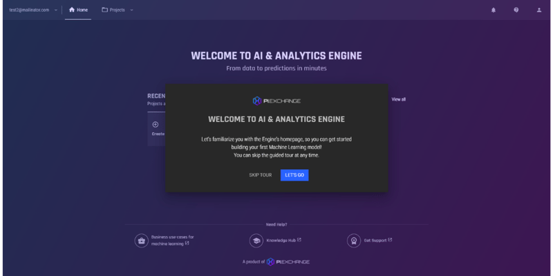 Onboarding card guided tour on the AI & Analytics Engine