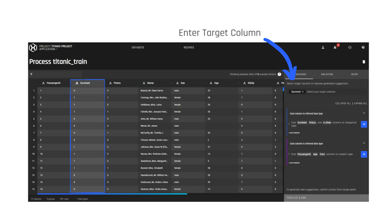 Selecting target column on the AI & Analytics Engine