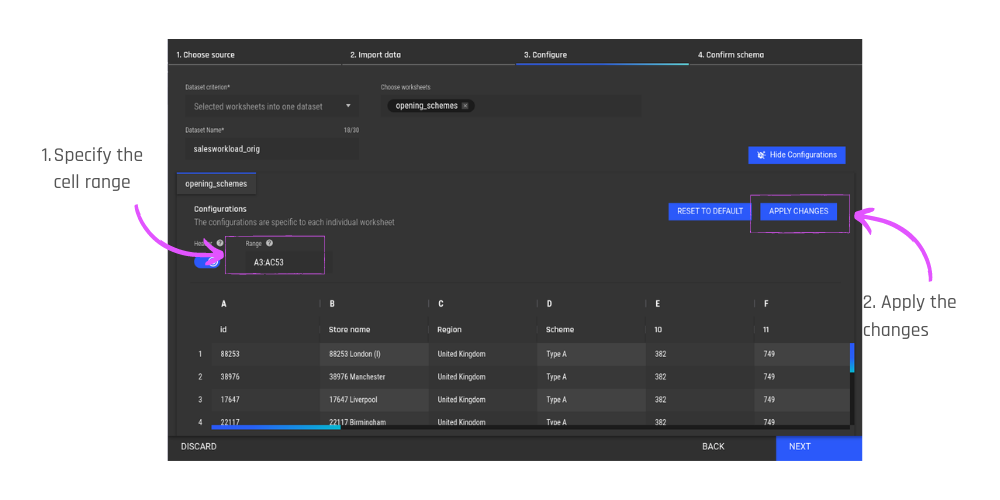 Specifying the right cell range in the AI & Analytics Engine