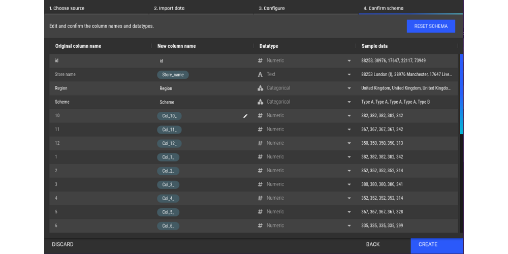 Schema and Column names in the AI & Analytics Engine