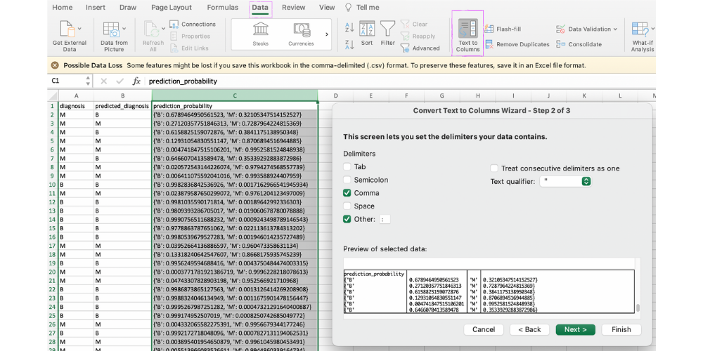 Step 1: Obtain the positive class probability from the “prediction probability” column. This can be done using Data → Text to Columns and Home → Find & Select → Replace functions in Excel.