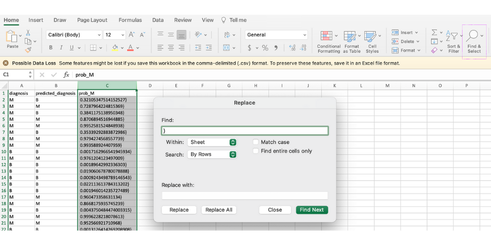 Step 1: Obtain the positive class probability from the “prediction probability” column. This can be done using Data → Text to Columns and Home → Find & Select → Replace functions in Excel.