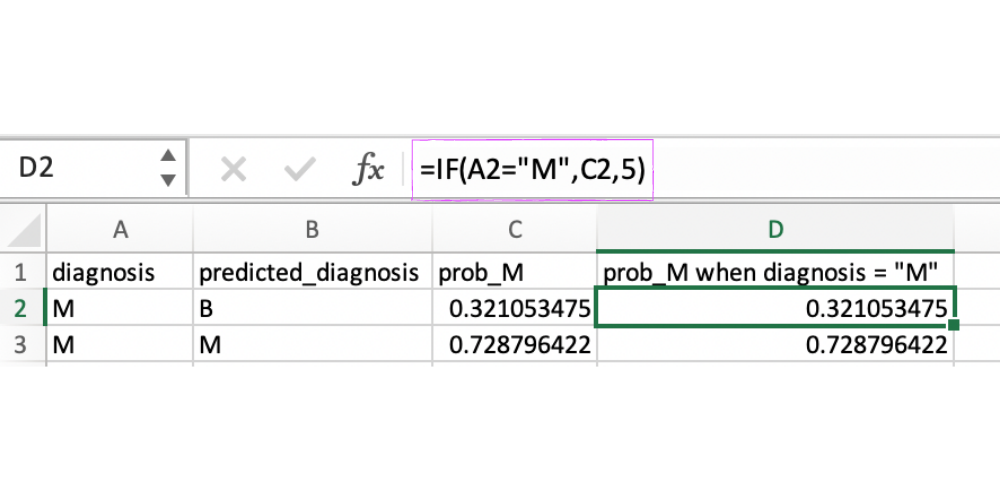 Step 2: Get the probabilities when the ground truth class is positive (M) and negative (B). Since Excel histogram doesn’t work with non-numeric cells (e.g. empty cells) we use a value of “5”, which is outside the range of probabilities to fill the null values.