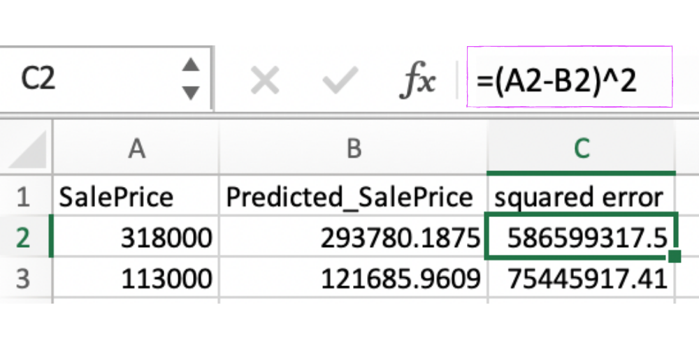 Step 1: Calculate the squared error for each observation using Excel formulas.