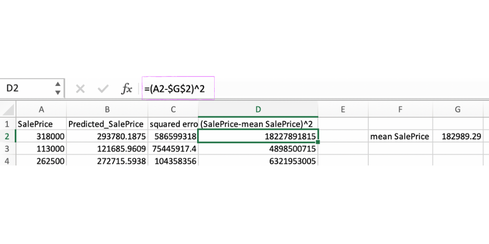 Step 4: Calculate the (sales price - mean sales price)^2 value for each observation.